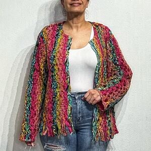 JL Studio Rainbow Striped Fringe Vintage Open Front Jacket Sz 3X